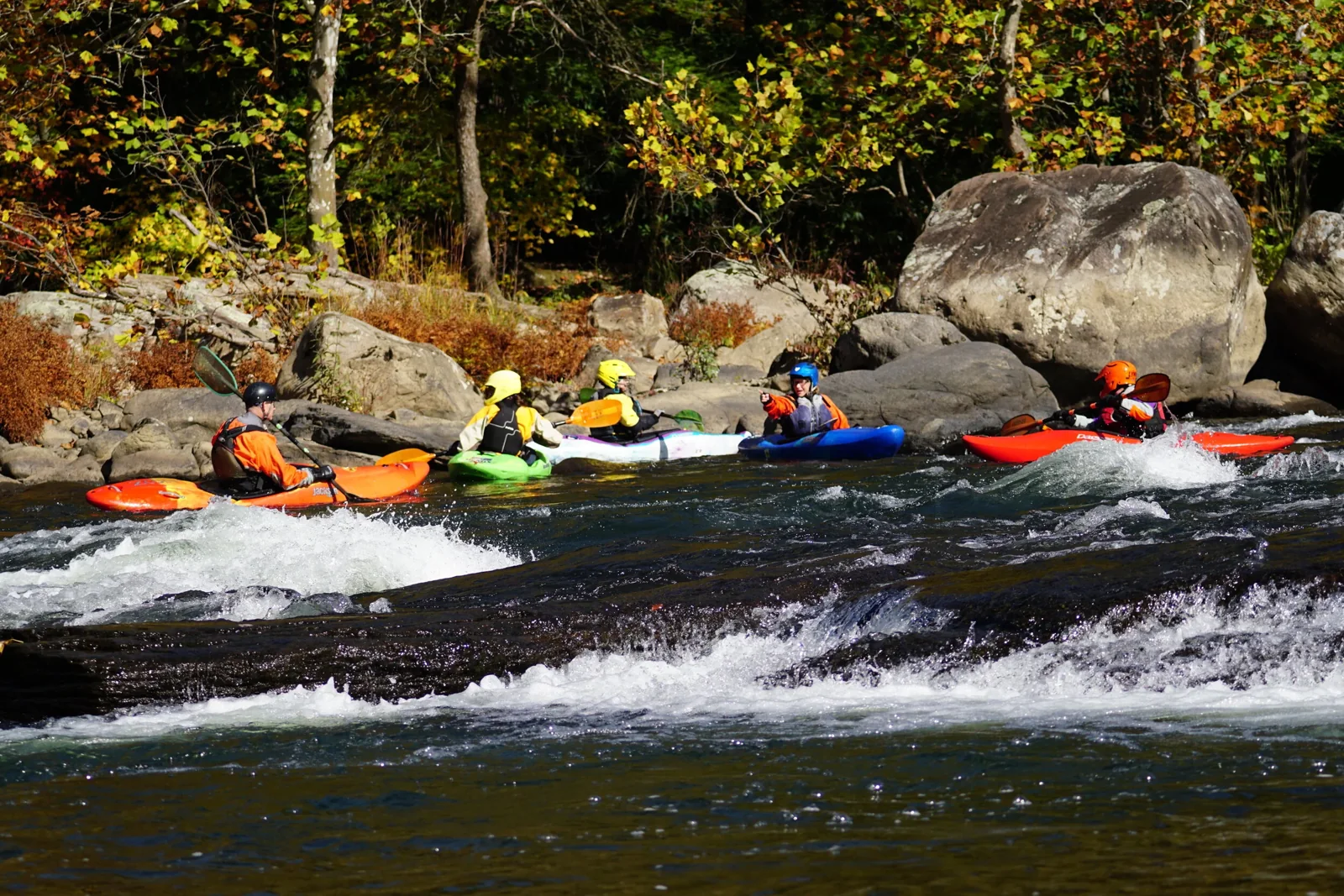 A group of kayakers gathers below a rapid along an autumn riverbank.